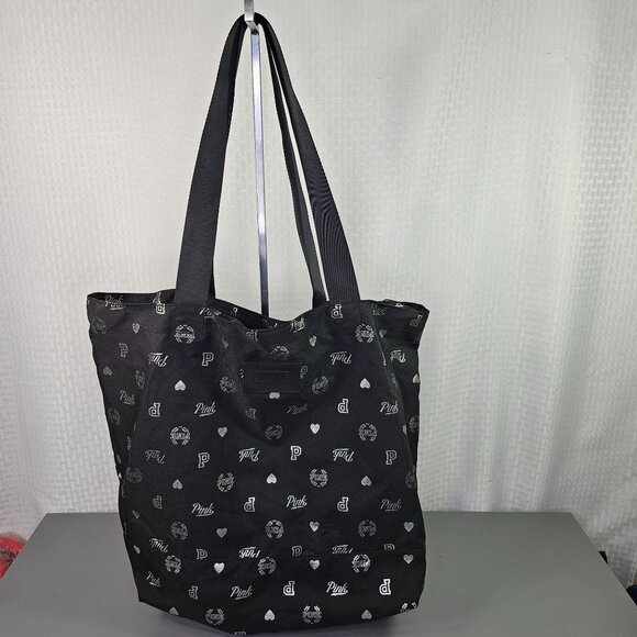 Victoria's Secret Pink Black Tote Bag With Logo Print & Long Handles - Picture 1 of 7